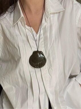 Scallop Shell Ceramic Necklace Pendant on Black Cord